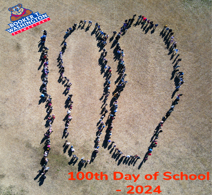  All students and staff gathered to create the 100th day of school image